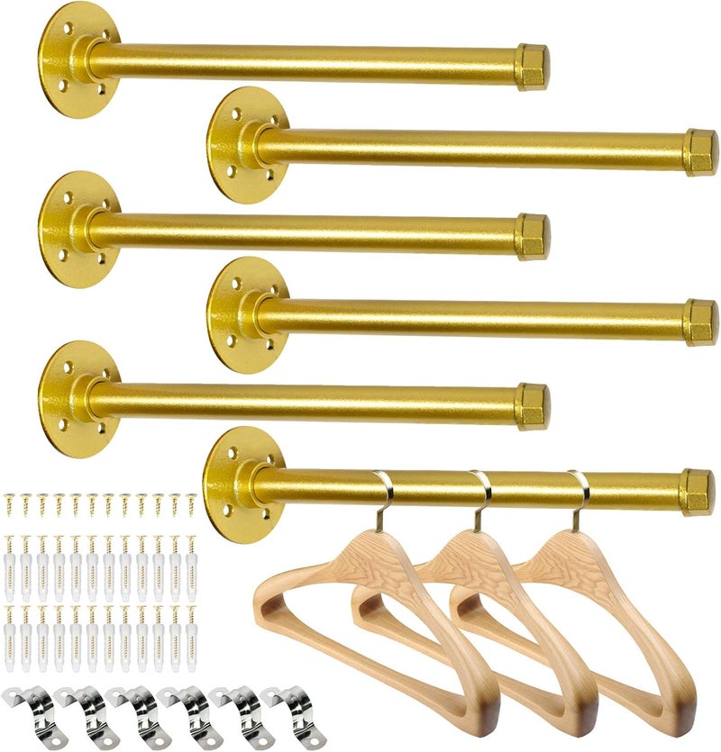 Pintuson 6 Pcs Industrial Pipe Clothes Bar 12 Inch - Wall Mount Clothing Rack - Face Out Closet Rods for Hanging Clothes Commercial Retail Boutique Laundry Shirt Display - Golden - Image 1